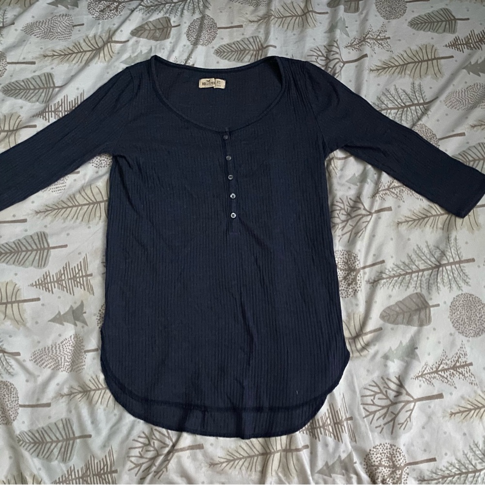 Hollister Navy Ribbed Scoop-Neck Henley Top